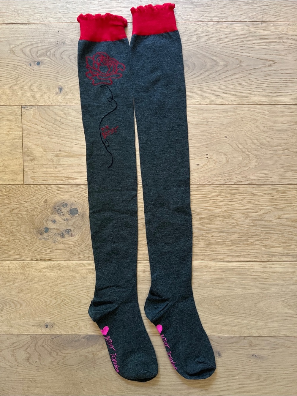 Betsey Johnson Gray Over-the-Knee Socks with Red Cuffs and Rose Detail